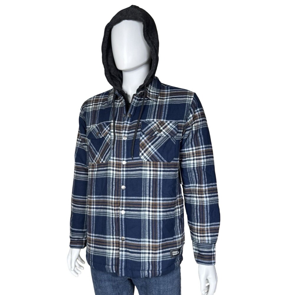 Eddie Bauer Mens Small Shirt Jacket Hooded Blue Plaid Quilted Lined Flannel New